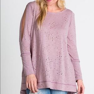 Distressed Shoulder Cut Out Lavender Top